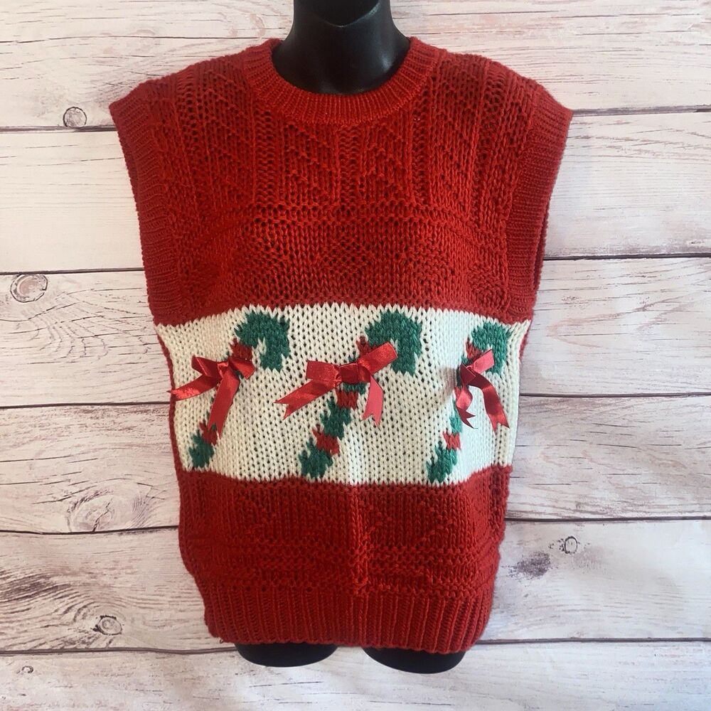 Vintage Lindsey Blake Womens M Candy Cane Christmas Sweater Vest Red Korea